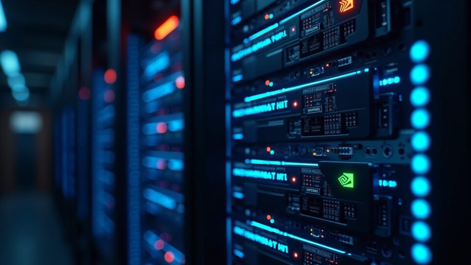 Central AI data center rack in the foreground, neon lighting, NVIDIA chips visible and subtle Oracle logo.