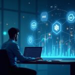 Market analyst at a modern desk, holographic charts with CAKE, BNB and Story, and a blockchain in the background.