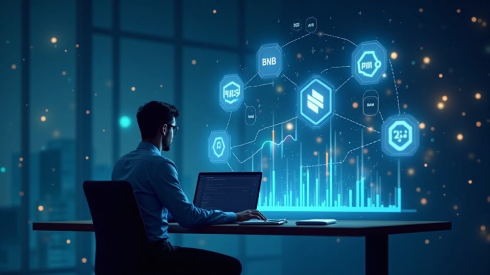 Market analyst at a modern desk, holographic charts with CAKE, BNB and Story, and a blockchain in the background.
