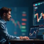 Cryptocurrency analyst in a modern newsroom; Bitcoin above the 200-day moving average, with ETF flows and open interest.