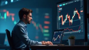 Cryptocurrency analyst in a modern newsroom; Bitcoin above the 200-day moving average, with ETF flows and open interest.