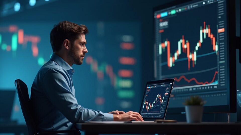 Cryptocurrency analyst in a modern newsroom; Bitcoin above the 200-day moving average, with ETF flows and open interest.