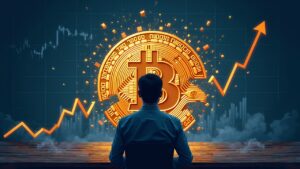 Focused analyst next to rising Bitcoin and broken chart, ETF and regulation symbols.