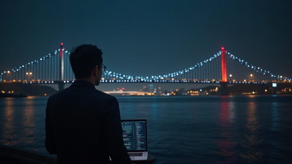 Photorealistic analyst in front of a cross-chain bridge; coins flow between networks, red signal and NK watermark.