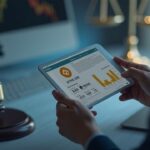 Financial analyst reviews a tablet with stETH and ETH, in front of a Delaware legal parchment and a background alluding to the SEC.