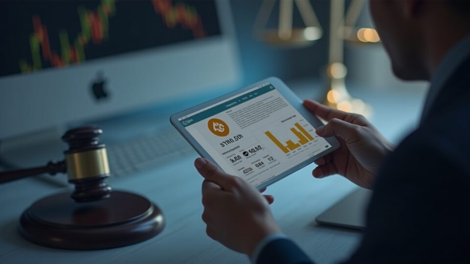 Financial analyst reviews a tablet with stETH and ETH, in front of a Delaware legal parchment and a background alluding to the SEC.