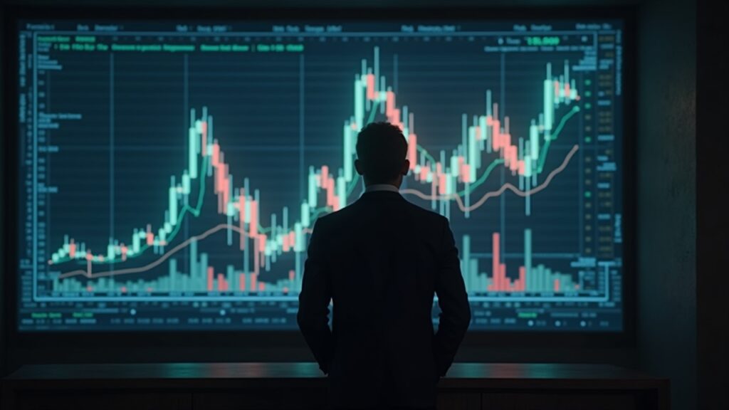Wall Street analyst watches Bitcoin on screen with blurred dollar, highlighting inflation and regulatory risks.