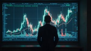 Wall Street analyst watches Bitcoin on screen with blurred dollar, highlighting inflation and regulatory risks.