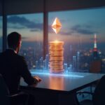Executive in a boardroom in front of a screen with a holographic stack of ETH, Tokyo in the background and treasury charts.