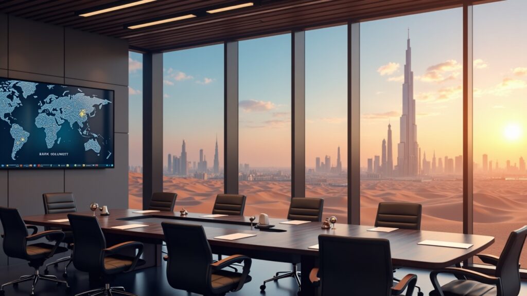 Corporate boardroom with ARK Invest, Solmate and Solana branding; futuristic UAE desert skyline.