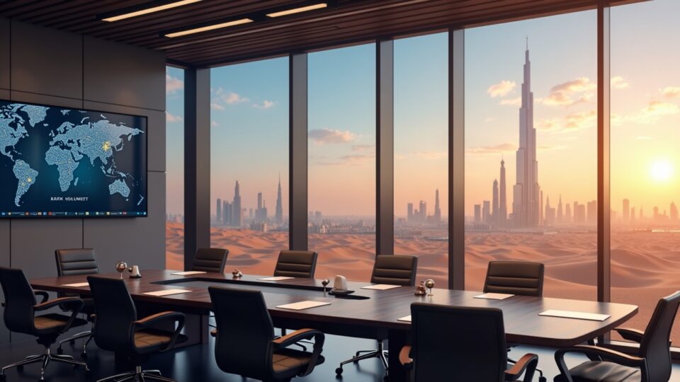Corporate boardroom with ARK Invest, Solmate and Solana branding; futuristic UAE desert skyline.