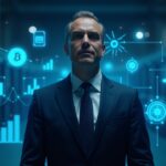 Suited executive in a center, surrounded by crypto data centers and servers; token-to-cash-flow charts