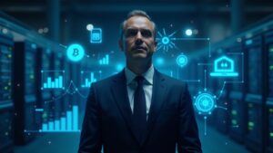 Suited executive in a center, surrounded by crypto data centers and servers; token-to-cash-flow charts
