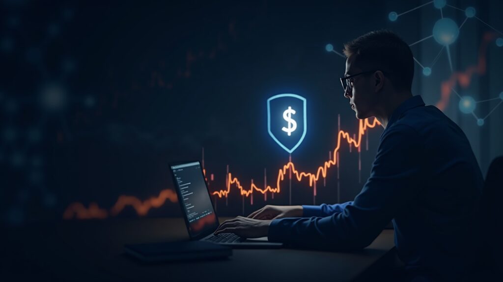 Crypto trader in front of a chart showing Aster falling below $1, with a blockchain network background.