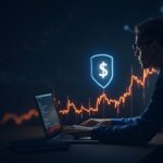 Crypto trader in front of a chart showing Aster falling below $1, with a blockchain network background.