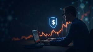 Crypto trader in front of a chart showing Aster falling below $1, with a blockchain network background.