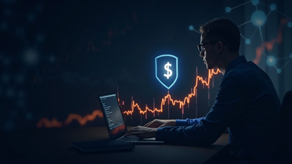 Crypto trader in front of a chart showing Aster falling below $1, with a blockchain network background.