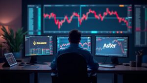 Crypto newsroom: Binance and Aster, trader in front of screens with price rise and signs of wash trading; DeFiLlama subdued