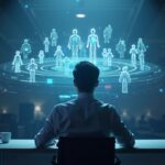 Central figure on desktop, holographic Web3 world with AI avatars and tokenized assets, Unreal Engine 5 style.