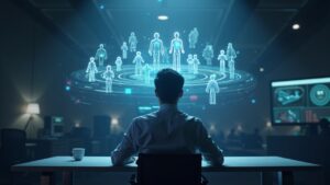 Central figure on desktop, holographic Web3 world with AI avatars and tokenized assets, Unreal Engine 5 style.