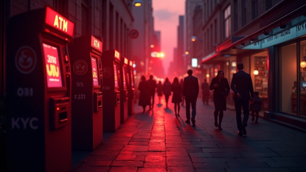 Australian street scene with cryptocurrency ATMs, red regulatory glow and silhouettes of lawmakers; AUSTRAC and KYC emblems.