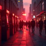 Australian street scene with cryptocurrency ATMs, red regulatory glow and silhouettes of lawmakers; AUSTRAC and KYC emblems.