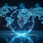 Realistic news scene with an Ethereum NFT hologram breaking, in front of a cloud map showing an AWS outage.