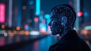 Detective in Bangkok amid neon, cryptocurrency nodes and facial scanning in a transnational investigation.