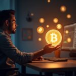 Trader at a modern desk receives a glow of BNB and emerging memecoins, symbolizing a 45M BNB airdrop for liquidity.