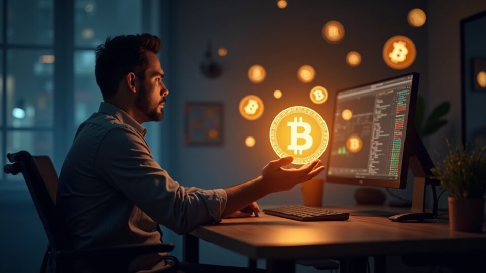 Trader at a modern desk receives a glow of BNB and emerging memecoins, symbolizing a 45M BNB airdrop for liquidity.