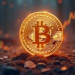 Bitcoin in the foreground in a bullish market, with ETH, XRP and SOL rising and the Nikkei at record levels in the background.