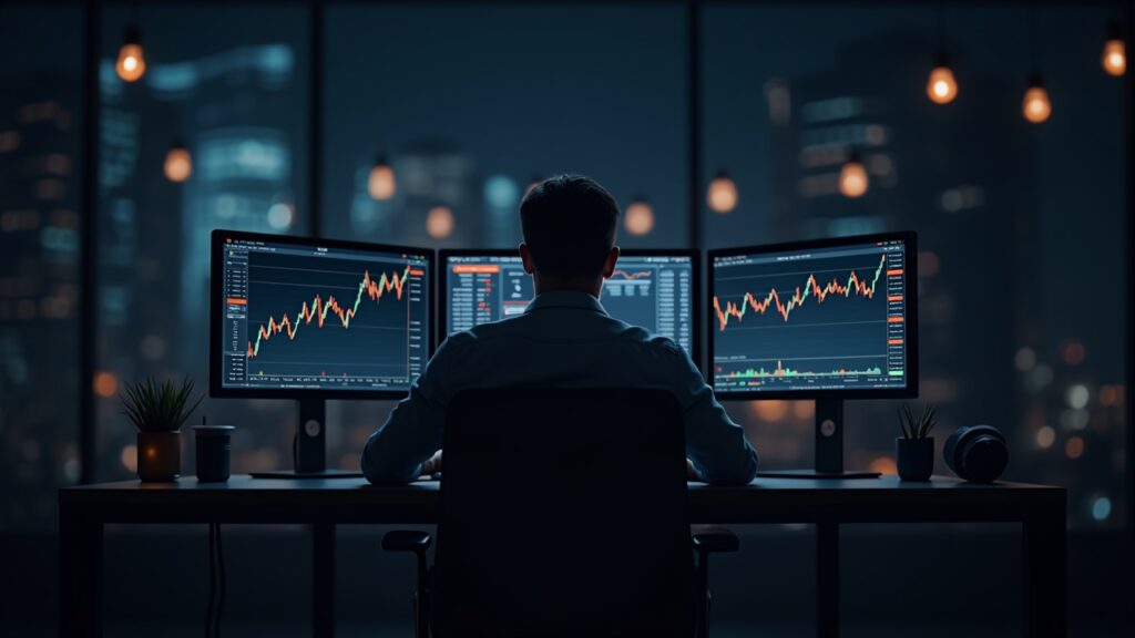 Photorealistic trader in front of screens showing Bitcoin >114k and a bullish chart; blockchain icons suggest institutional adoption