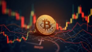 Photorealistic Bitcoin coin in the center, rising charts and an October clock, alluding to ETF and institutional adoption