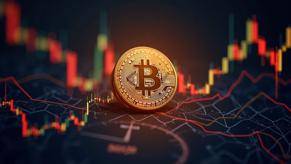 Photorealistic Bitcoin coin in the center, rising charts and an October clock, alluding to ETF and institutional adoption