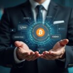 Suit-clad investor watches a holographic Bitcoin rising to 125K, with ETF logos and a four-year cycle ring.