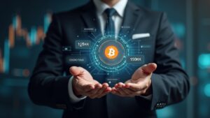 Suit-clad investor watches a holographic Bitcoin rising to 125K, with ETF logos and a four-year cycle ring.