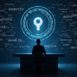 Technologist in front of a desk, wall of glowing Bitcoin addresses, a governmental seal and a broken key in the background.