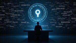 Technologist in front of a desk, wall of glowing Bitcoin addresses, a governmental seal and a broken key in the background.