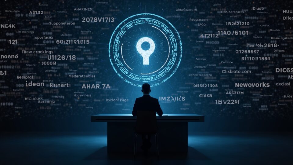 Technologist in front of a desk, wall of glowing Bitcoin addresses, a governmental seal and a broken key in the background.