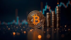 Centered Bitcoin symbol, altcoins rising, with overlaid data, illustrating crypto capital rotation.