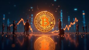 Bitcoin centerpiece breaking above a glowing price line in a sleek trading room, with silhouettes and ETF icons signaling scarcity.