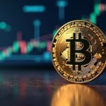 Bitcoin near its all-time high with digital ticker, modern trading floor, ETF icons and newsroom background.