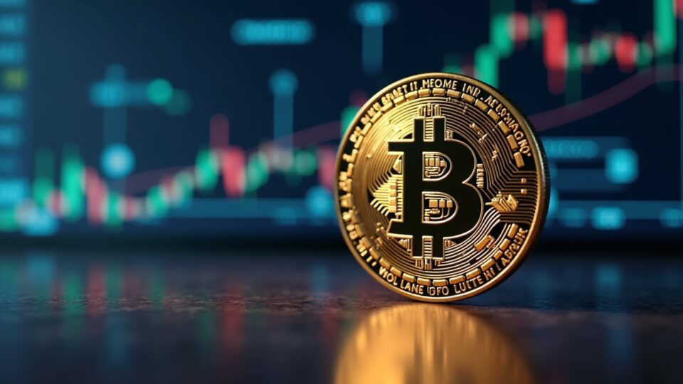 Bitcoin near its all-time high with digital ticker, modern trading floor, ETF icons and newsroom background.