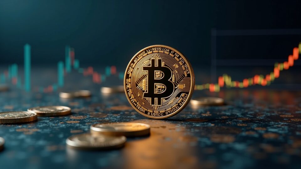Central Bitcoin coin, rising ETF charts and a background with a decentralized network, suggesting institutional inflows.