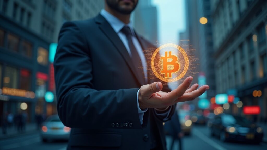 Analyst in suit in front of a Bitcoin hologram and a silhouette of Wall Street, trading screens show BTC volatility.
