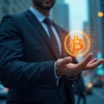 Analyst in suit in front of a Bitcoin hologram and a silhouette of Wall Street, trading screens show BTC volatility.