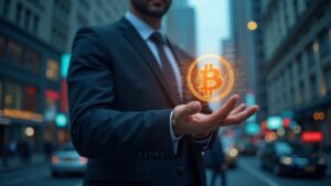 Analyst in suit in front of a Bitcoin hologram and a silhouette of Wall Street, trading screens show BTC volatility.