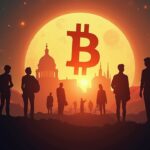 Bitcoin over futuristic futures charts with financial silhouettes in shadow, signaling optimism over Fed cuts