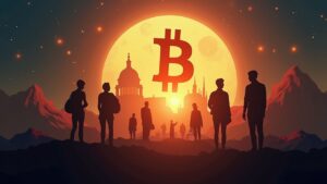 Bitcoin over futuristic futures charts with financial silhouettes in shadow, signaling optimism over Fed cuts