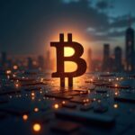 Bitcoin logo ascending over a financial district, with blockchain and glow suggesting Fed pivot and crypto.